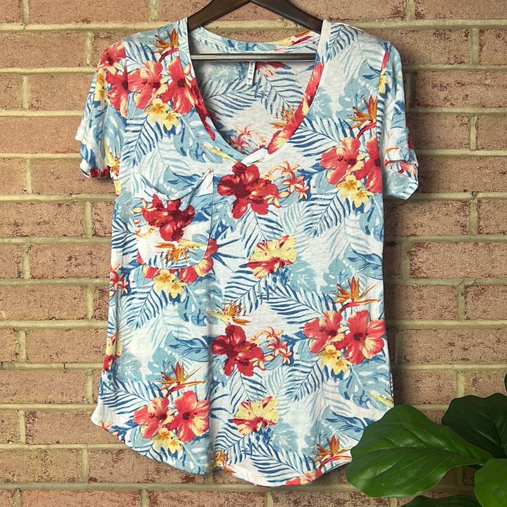 Z Supply Floral Hawaiian Print Short Sleeve Pocket Tee